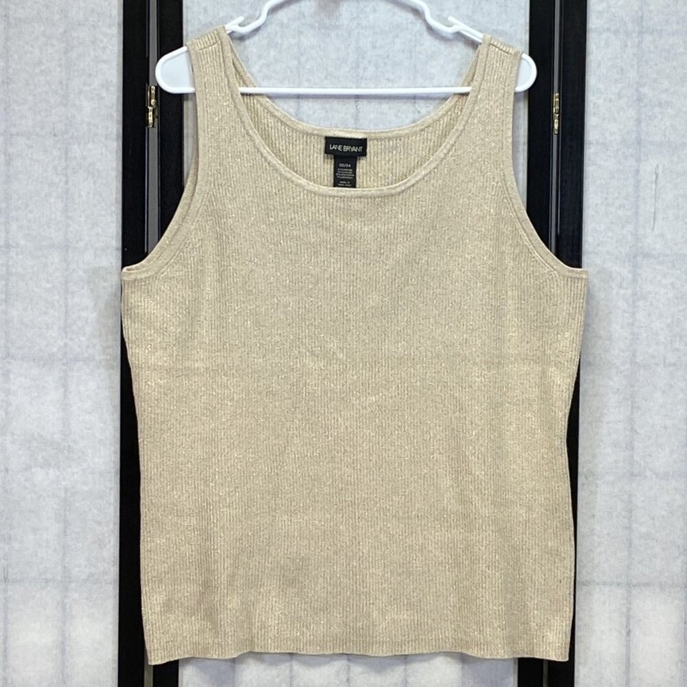 Lane Bryant Metallic Gold White Rib Knit Tank Top 22/24 Scoop Neck Sparkle Chic